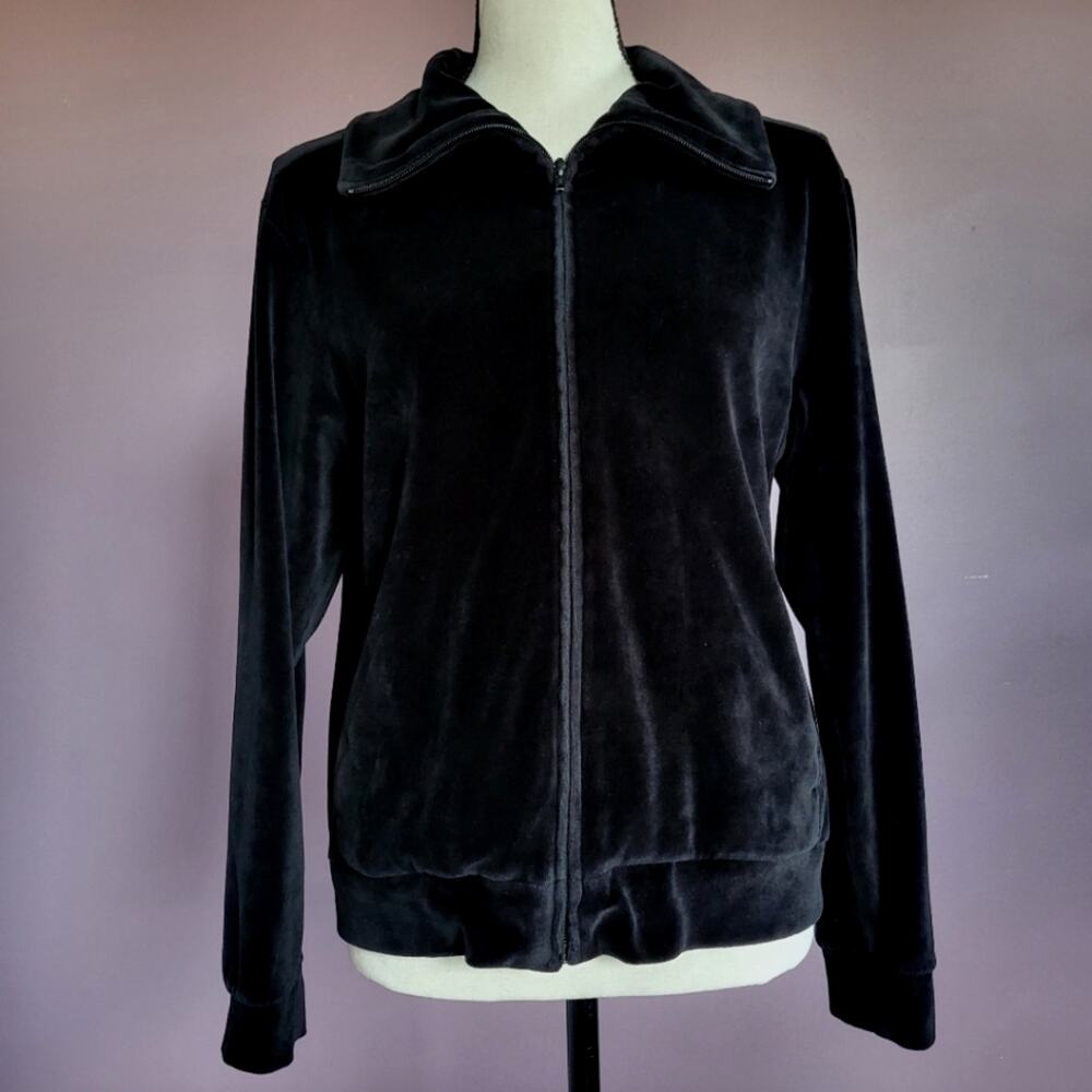 Talbots Petites Vintage Black Velour Velvet Collared Zip Up Sweatshirt